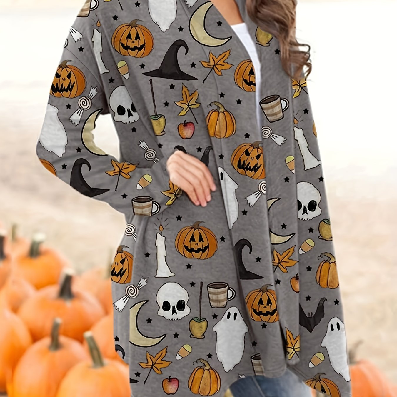 Pumpkin & Skull Print Halloween Cardigan Women's Long Sleeve