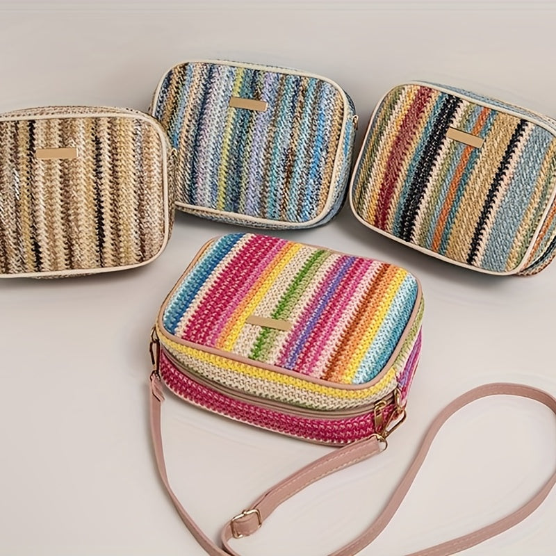 Colorful Straw Square Bag Zipper Shoulder Bag Niche Woven Crossbody