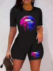 Lips Print Two Piece Set Short Sleeve T Shirt & Shorts Casual 2pcs Outfit