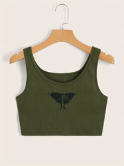 Butterfly Print Tank Top Y2K Crew Neck Summer Sleeveless Top