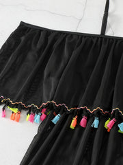 Colorful Tassel Trim Cold Shoulder Cover Up Dress