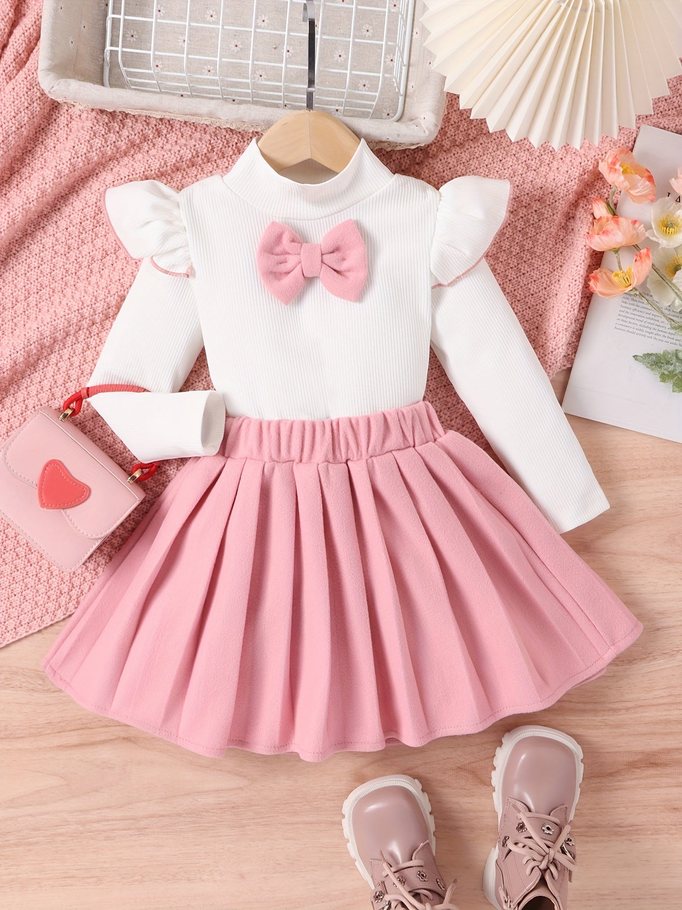 Girl's Bowknot Decor Outfit Ribbed Top & Pleated Skirt Set