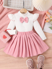 Girl's Bowknot Decor Outfit Ribbed Top & Pleated Skirt Set