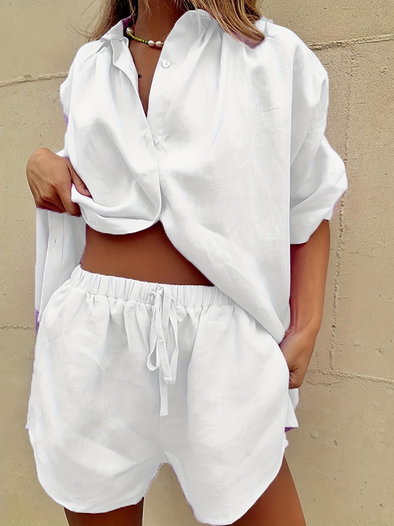 Casual Solid Two piece Shorts Set Shirt & Shorts Outfits Women's Clothing