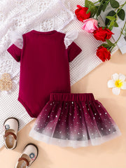 2pcs Baby Girls Casual Flying Short Sleeve Onesie Mesh Skirt