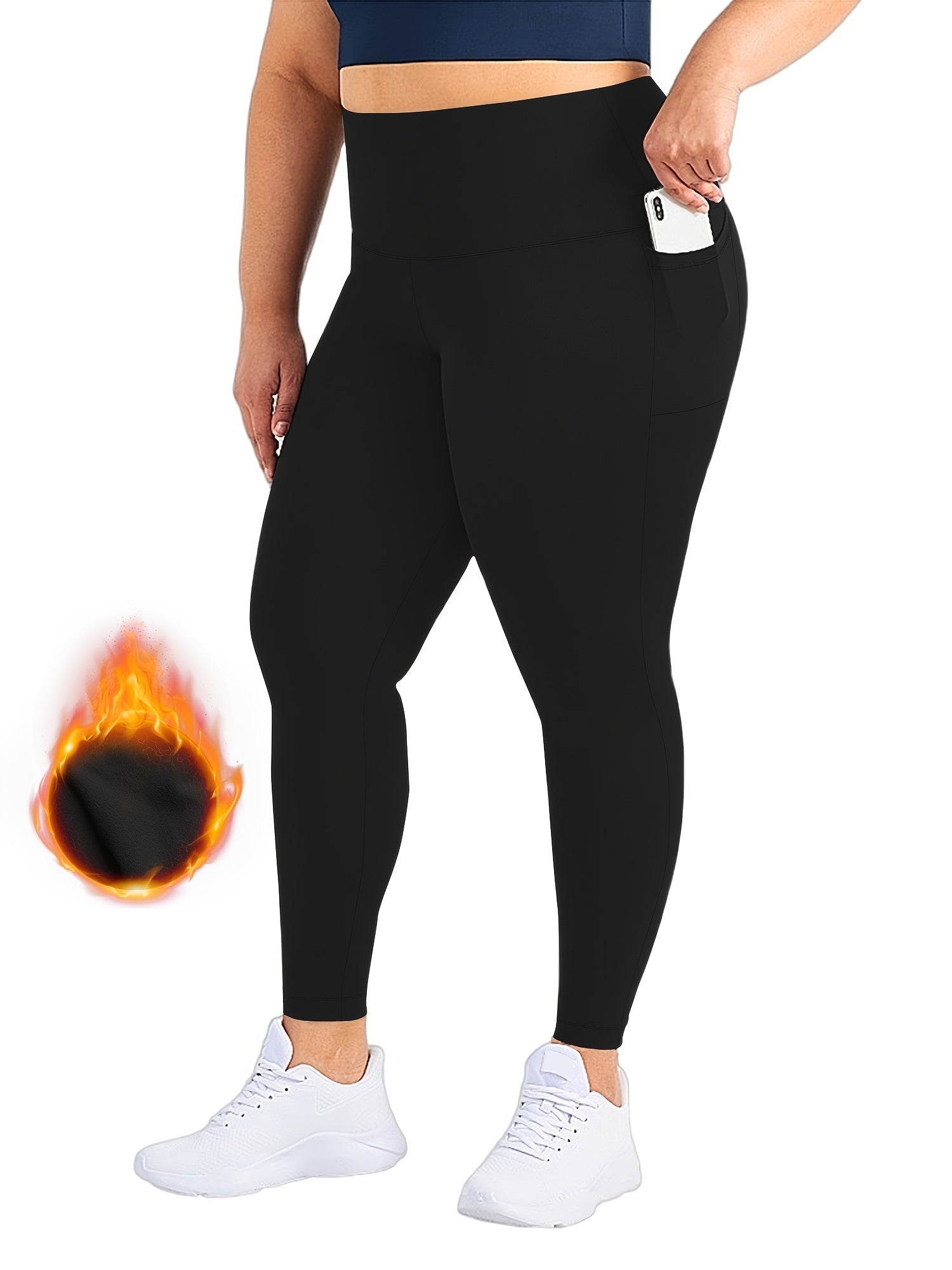 Sporty Plus Size High Rise Stretch Leggings With Pockets