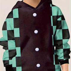 Square & Button Print Kid's Hoodie Casual Pullover Hooded Top