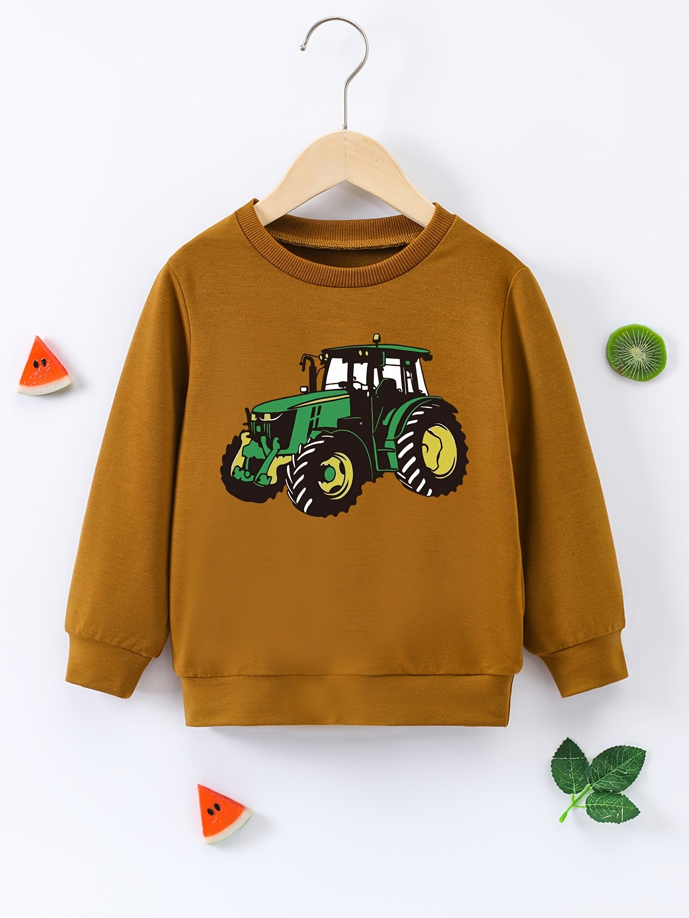Cartoon Tractor Print Boys Casual Pullover Sweatshirt Long Sleeve Crew Neck Tops