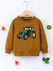 Cartoon Tractor Print Boys Casual Pullover Sweatshirt Long Sleeve Crew Neck Tops