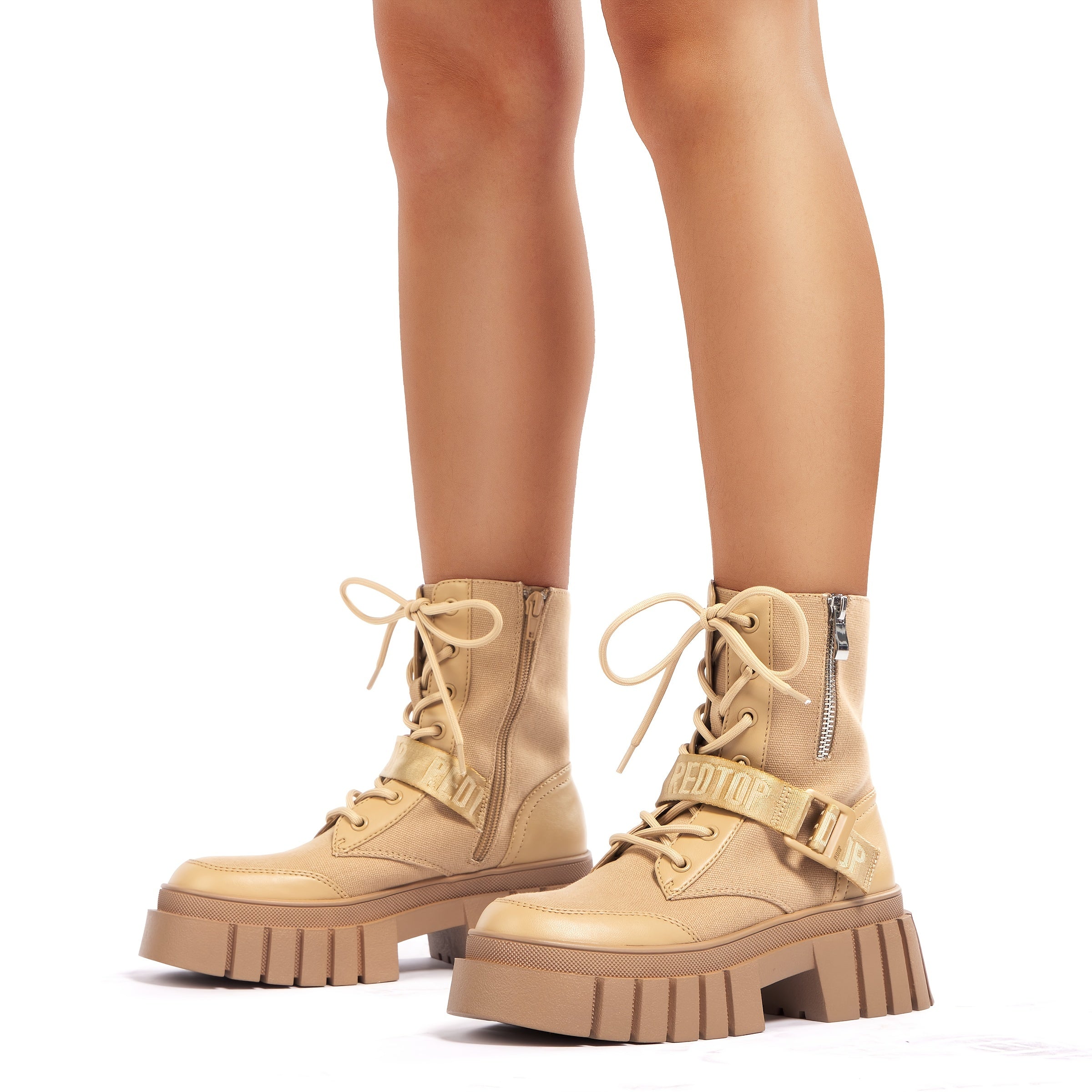 Women's Canvas Ankle Boots Belt Side Zipper Combat Boots