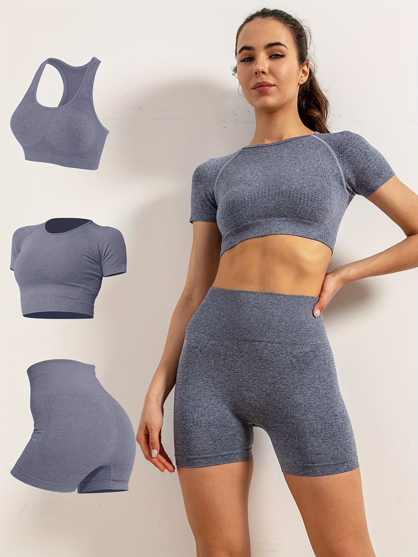 3pcs Solid Workout Yoga Set Racerback Crop Top & High Waist Sports Shorts