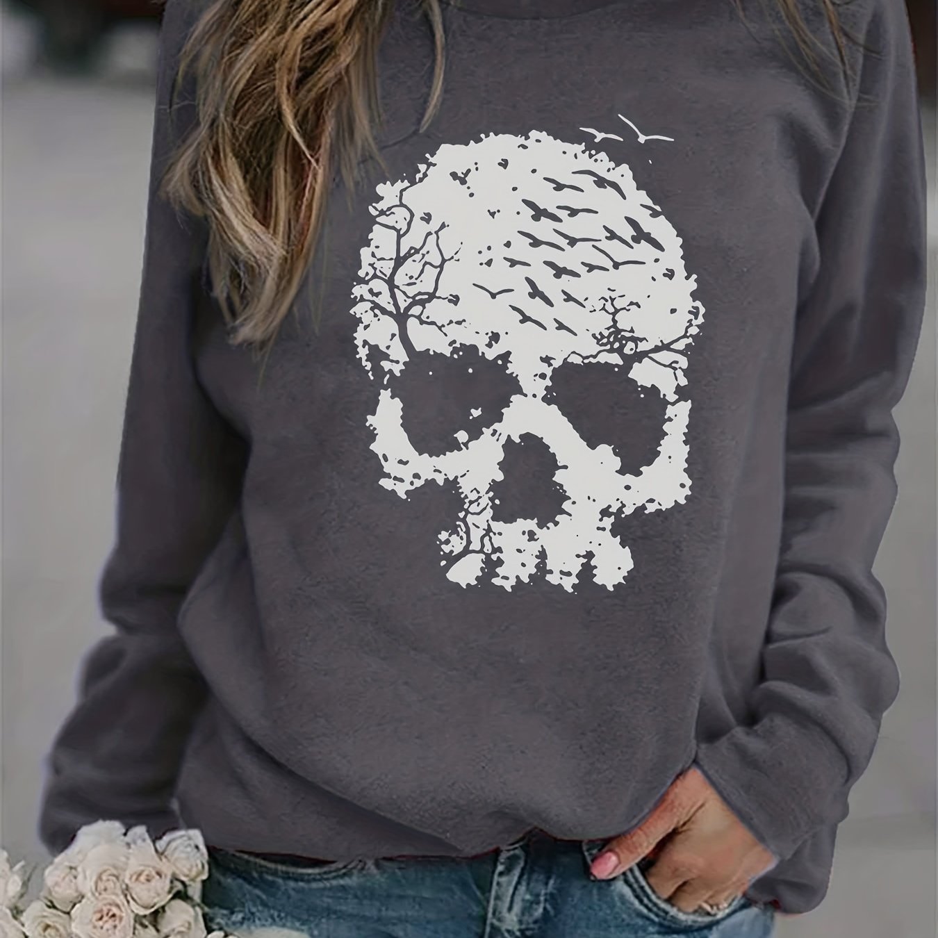 Halloween Skull Print Sweatshirt Long Sleeve Crew Neck Women's Clothing