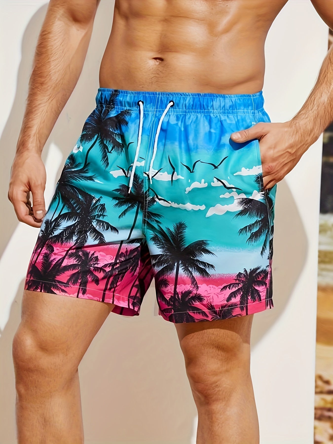 Coconut Tree Pattern Print Men's Swim Trunks Quick Dry Beach Shorts