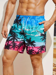 Coconut Tree Pattern Print Men's Swim Trunks Quick Dry Beach Shorts