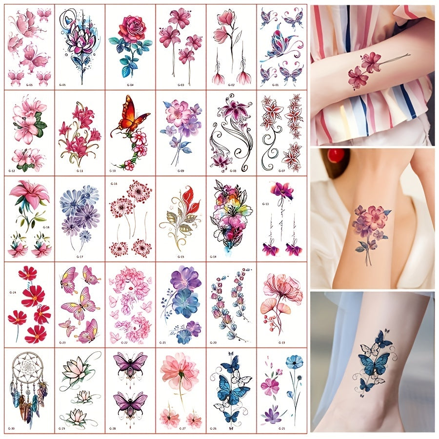 30 Sheets Flowers Temporary Tattoos For Women Waterproof Body Art Stickers