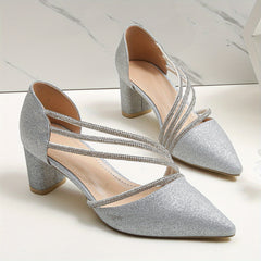 Rhinestone Decor Pumps Pointed Toe Slip On Heel Shoes