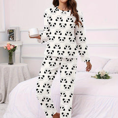 Panda Print Pajama Set Long Sleeve Top & Elastic Waistband Pants