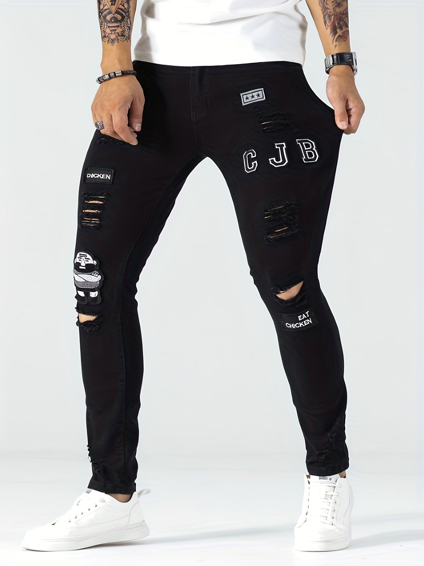 Slim Fit Ripped Embroidery Biker Jeans Mens Casual Street Style Stretch Denim