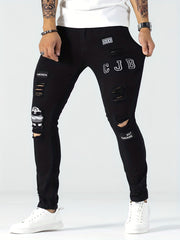 Slim Fit Ripped Embroidery Biker Jeans Mens Casual Street Style Stretch Denim