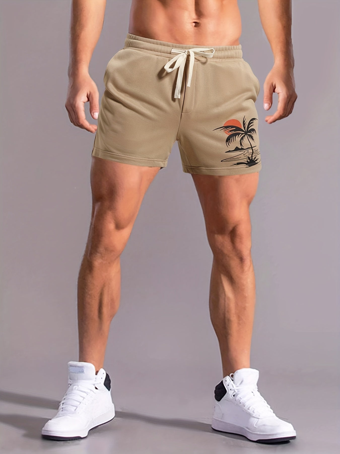 Coconut Tree Print Men's Comfy Shorts Drawstring Casual Loose Shorts