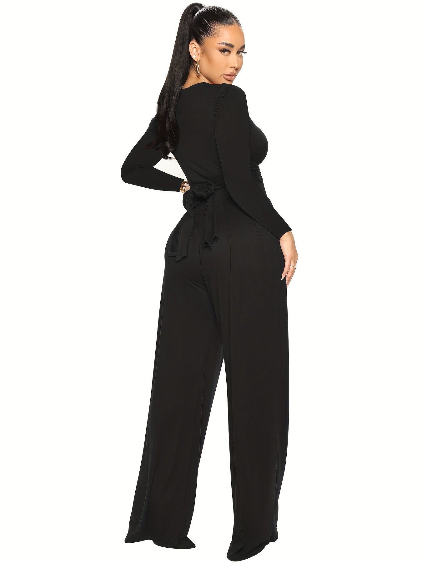 Solid Two Piece Set Crop Top & Wide Leg Pants Outfits Women's Clothing