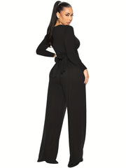 Solid Two Piece Set Crop Top & Wide Leg Pants Outfits Women's Clothing