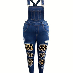 Leopard Print Ripped Denim Overalls