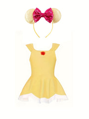Girls 2pcs Swimsuit One Piece Tankini & Sequin Hairband Ruffle Dress