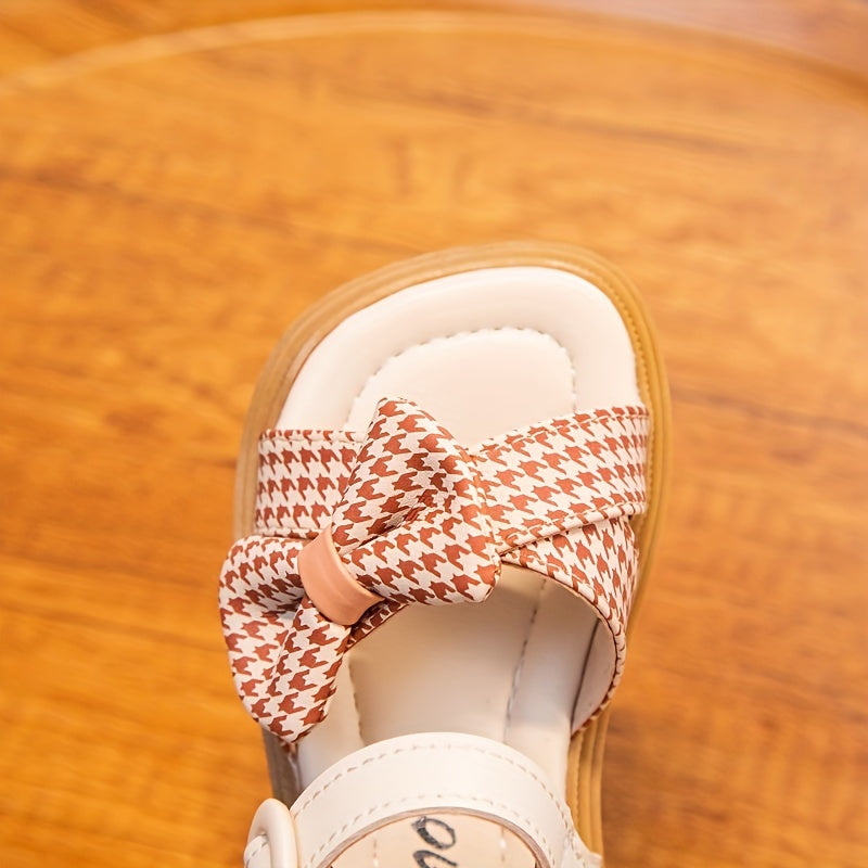 Toddler Girls Houndstooth Bowknot Strap Sandals Soft Sole Anti-skid Flat Shoes