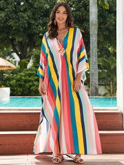 Boho Stripe Batwing Sleeve V Neck Plus Size Cover Up Dress