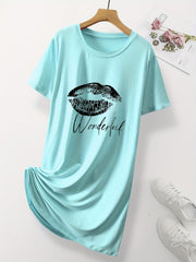 Lips & Letter Print Nightdress Middle Sleeve