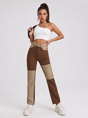 Colorblock High Waist Straight Jeans High Rise Loose Fit Denim Pan