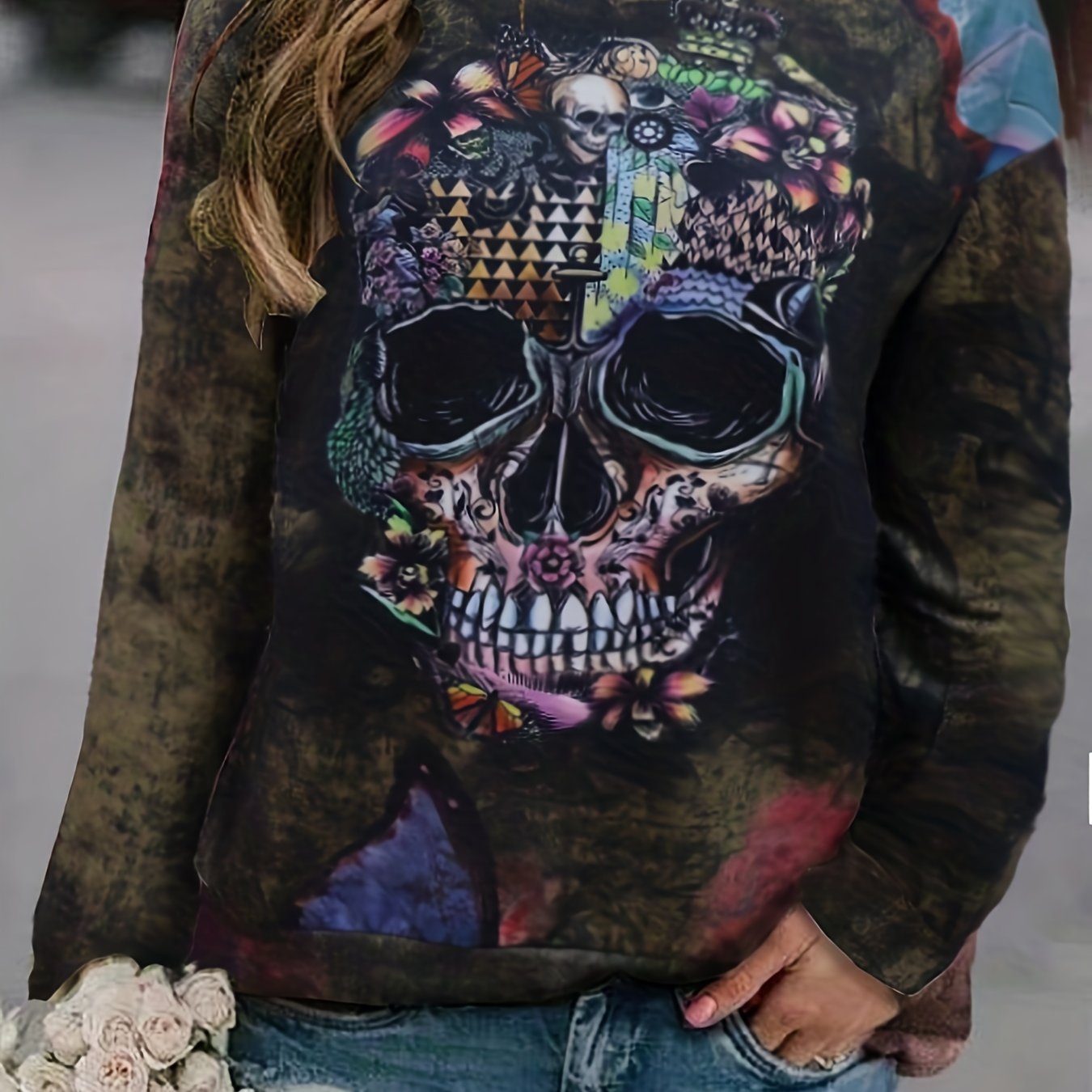 Gothic Skull Print Sweatshirt Crew Neck For Fall & Winter Women's Clothing