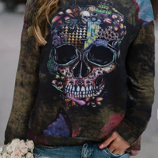 Gothic Skull Print Sweatshirt Crew Neck For Fall & Winter Women's Clothing