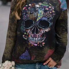 Gothic Skull Print Sweatshirt Crew Neck For Fall & Winter Women's Clothing