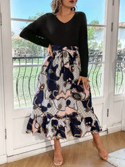Colorblock Geometri & Chain Print Long Sleeve V Neck Dress