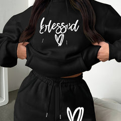 Women's Plus Letter & Heart Print Hoodie & Shorts Set