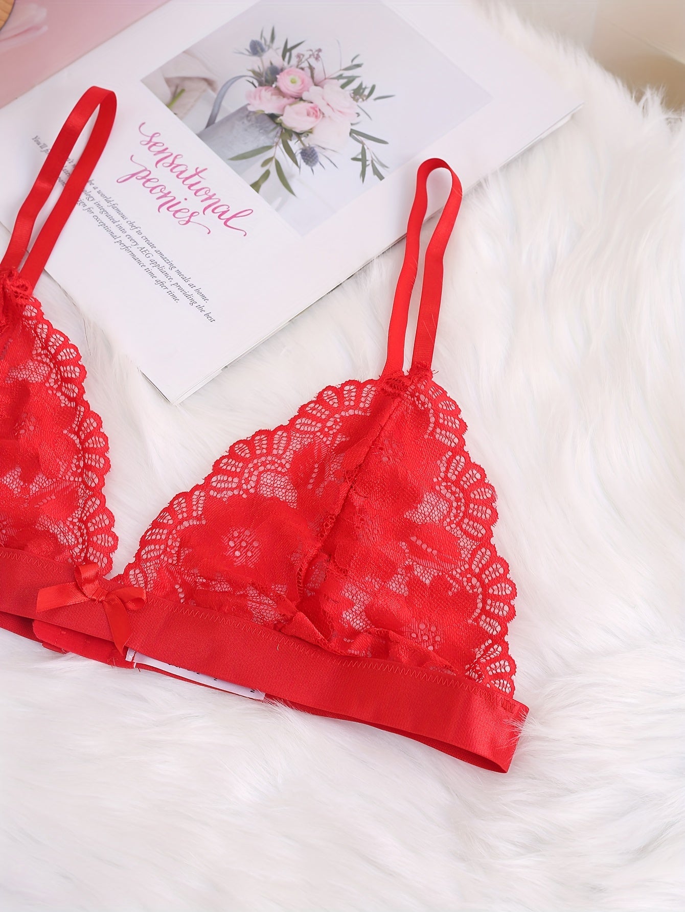 Floral Lace Scalloped Trim Bow Knot Triangle Bra Plus Size