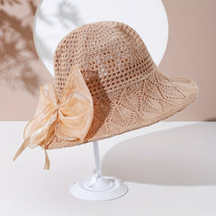 Khaki Hollow Out Sun Hat Ribbon Bowknot Summer Bucket Hat