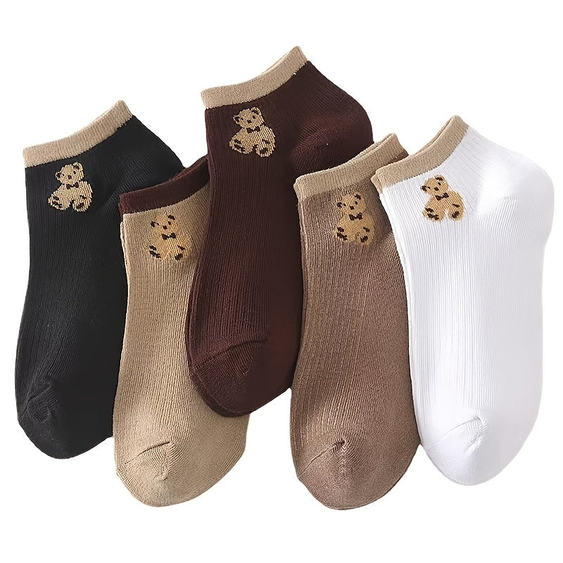 Women's 5 Pairs Graphic Ribbed Ankle Socks, Breathable Knit