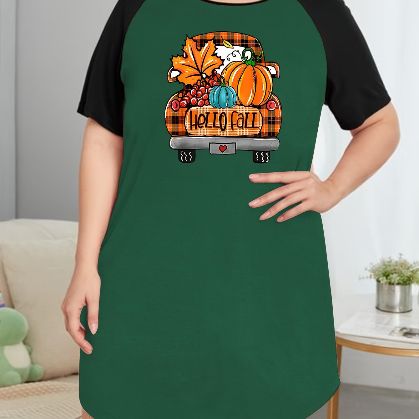 Plus Pumpkin & Plaid Car Print Raglan Sleeve Round Neck Tee Sleep Dress