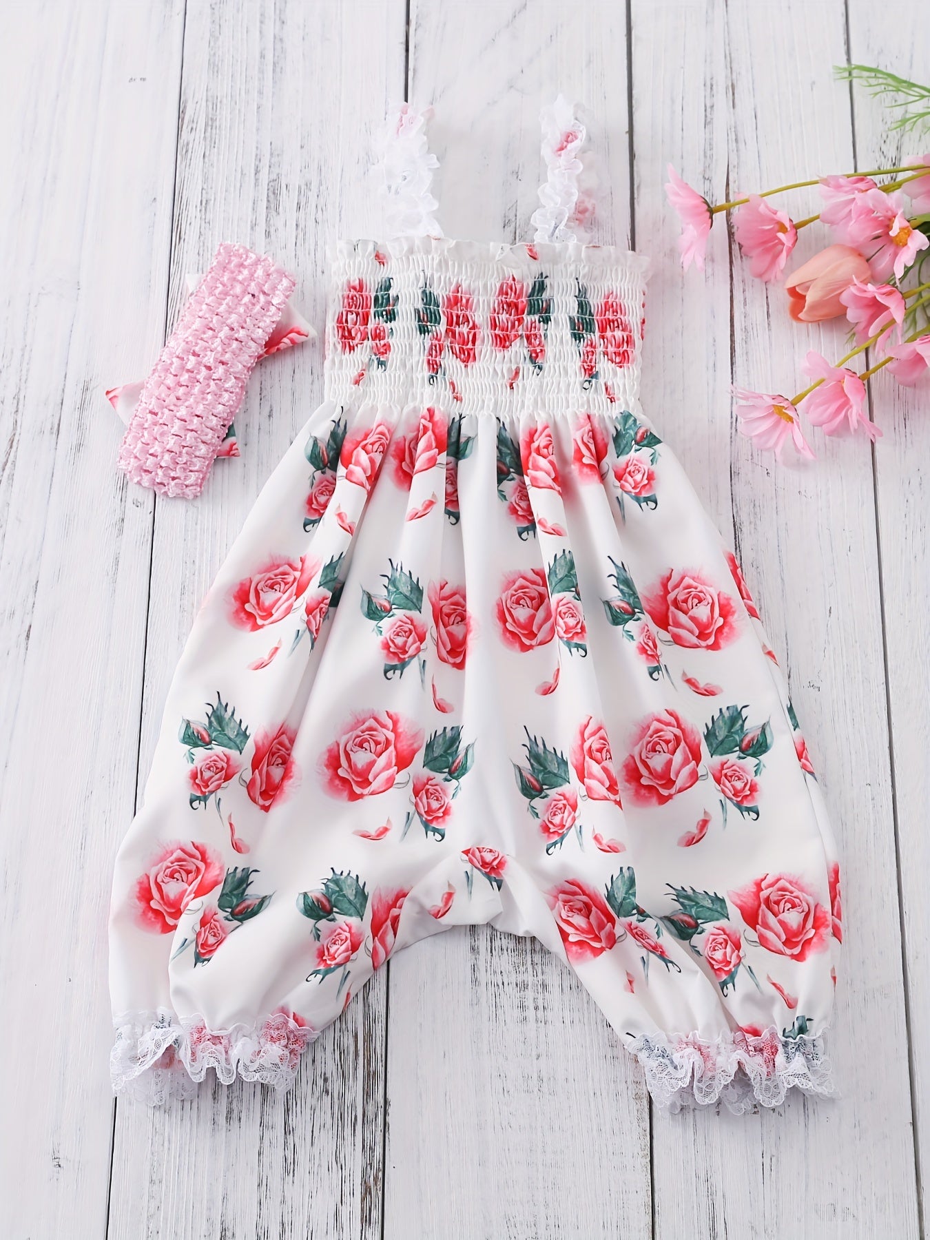 Baby Girls Romper Bloomers With Flower Print Lace Brim Bow Headband Set