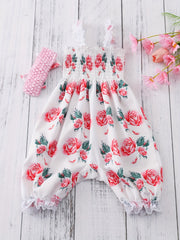 Baby Girls Romper Bloomers With Flower Print Lace Brim Bow Headband Set