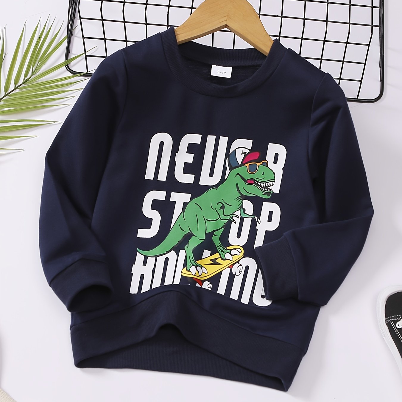 Dino Skater Print Boys Sweatshirt Crew Neck Top