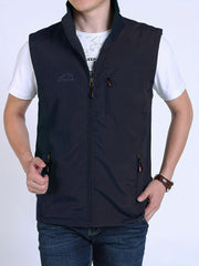 Men's Zipper Pockets Cargo Vest Stand Collar Zip Up Outwear for Spring Summer