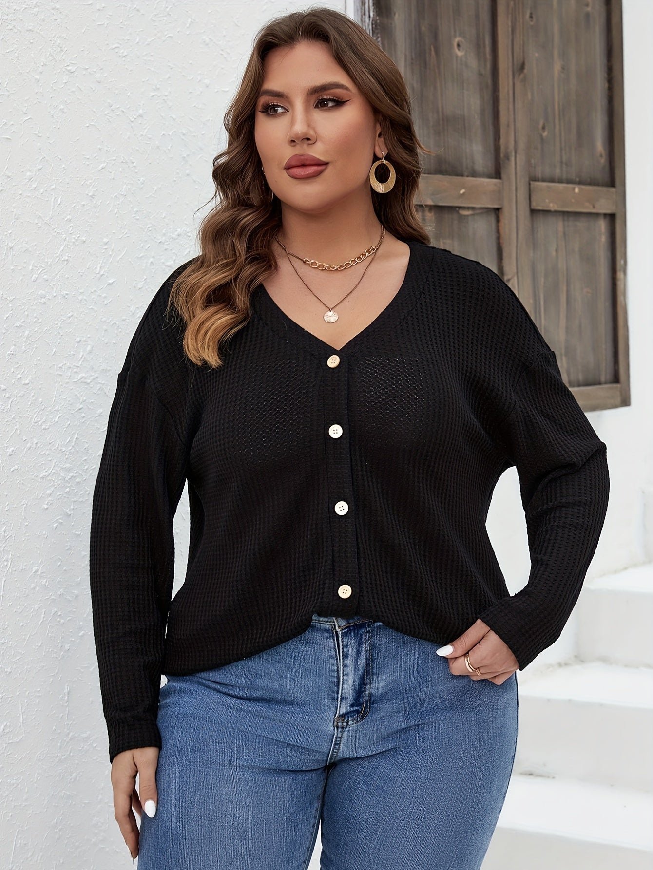 Long Sleeve Button Front Waffle Knit Tee