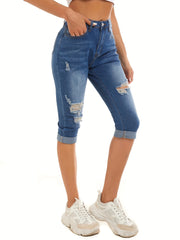 Women's Ripped Holes Capris Jeans Slim Fit Mid Stretch Denim Pants