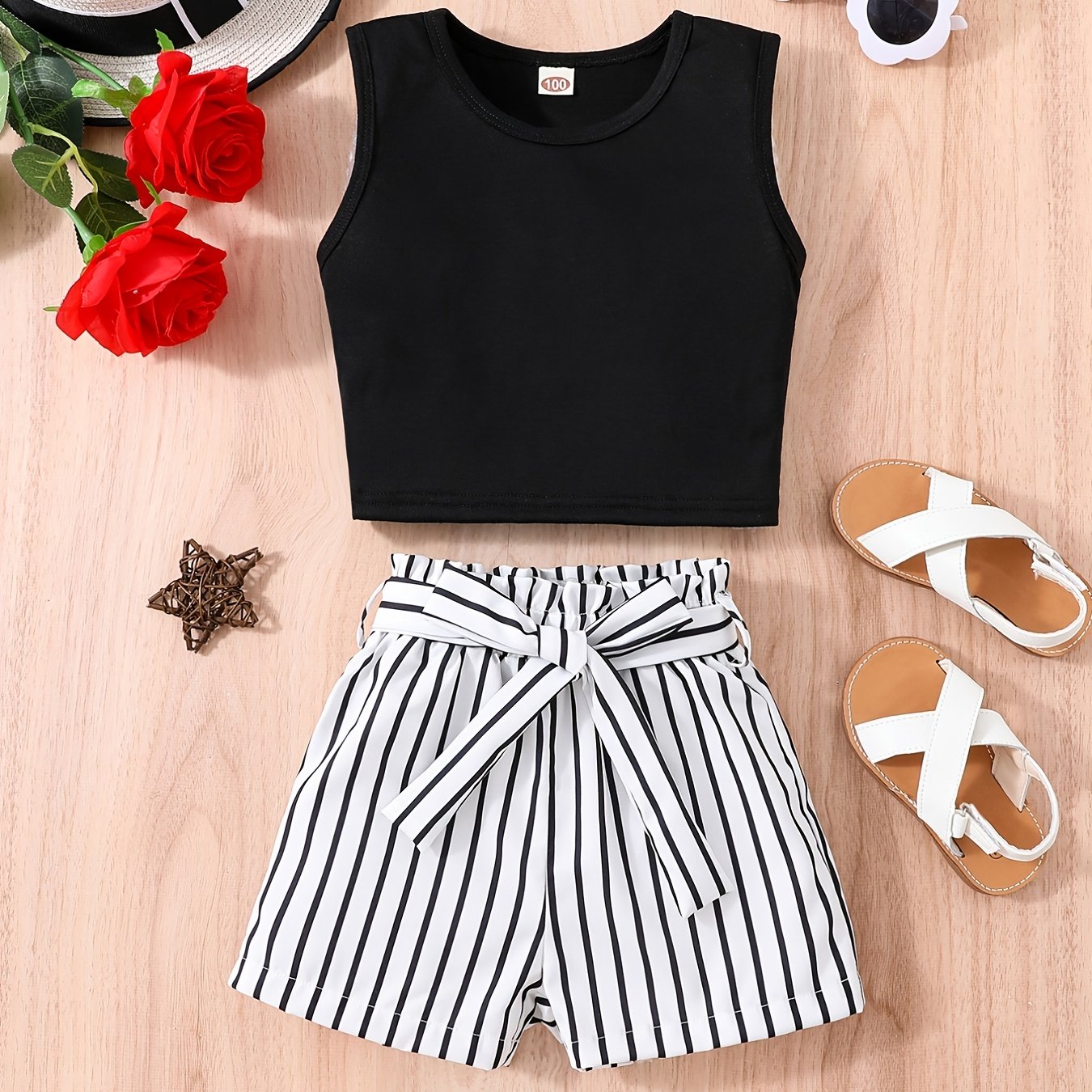 Girls Sleeveless Crop Tank Top & Stripes Shorts Set Kids Summer Clothes
