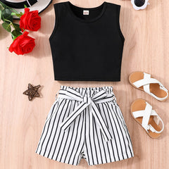 Girls Sleeveless Crop Tank Top & Stripes Shorts Set Kids Summer Clothes