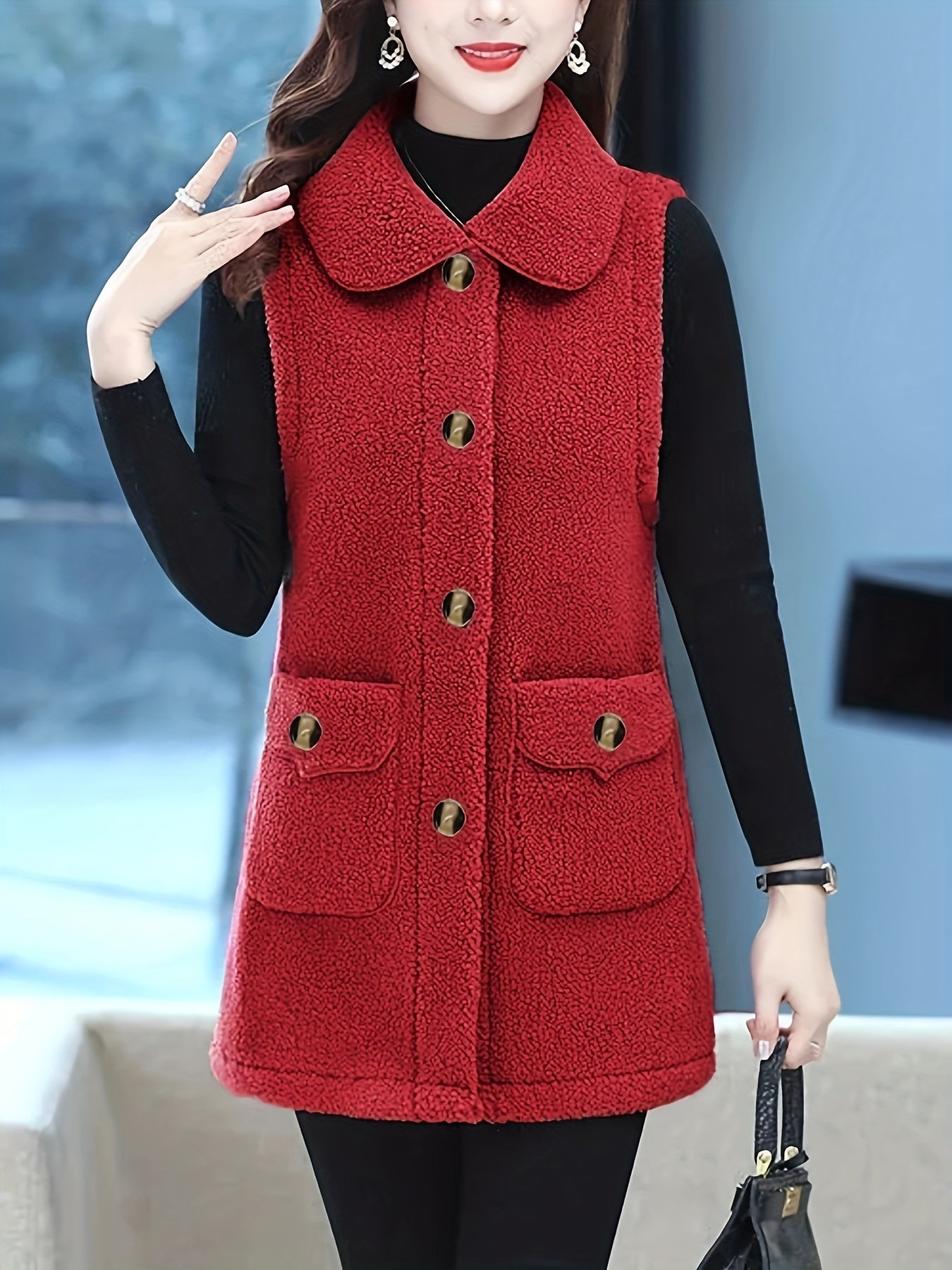 Solid Button Vest Warm Lapel Pocket for Women